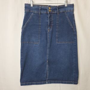 Bleu Denim Jean Skirt Sz 10 Midi Stretch Front Slit Pockets Casual Streetwear